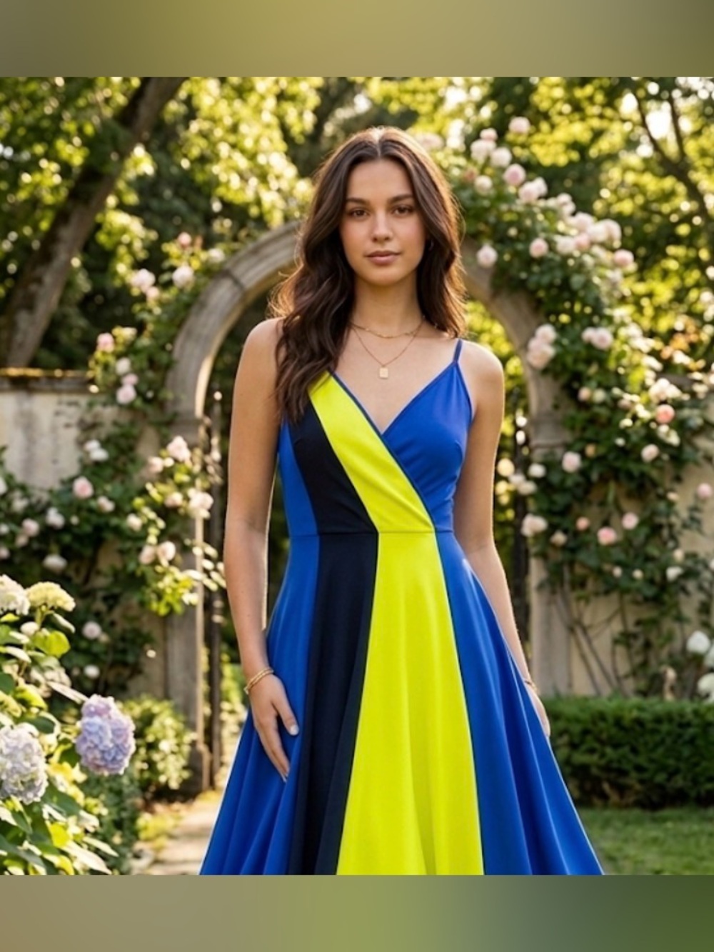 Cobalt Blue, Lime Yellow & Black Colorblock Adjustable Strap Dress - size Medium